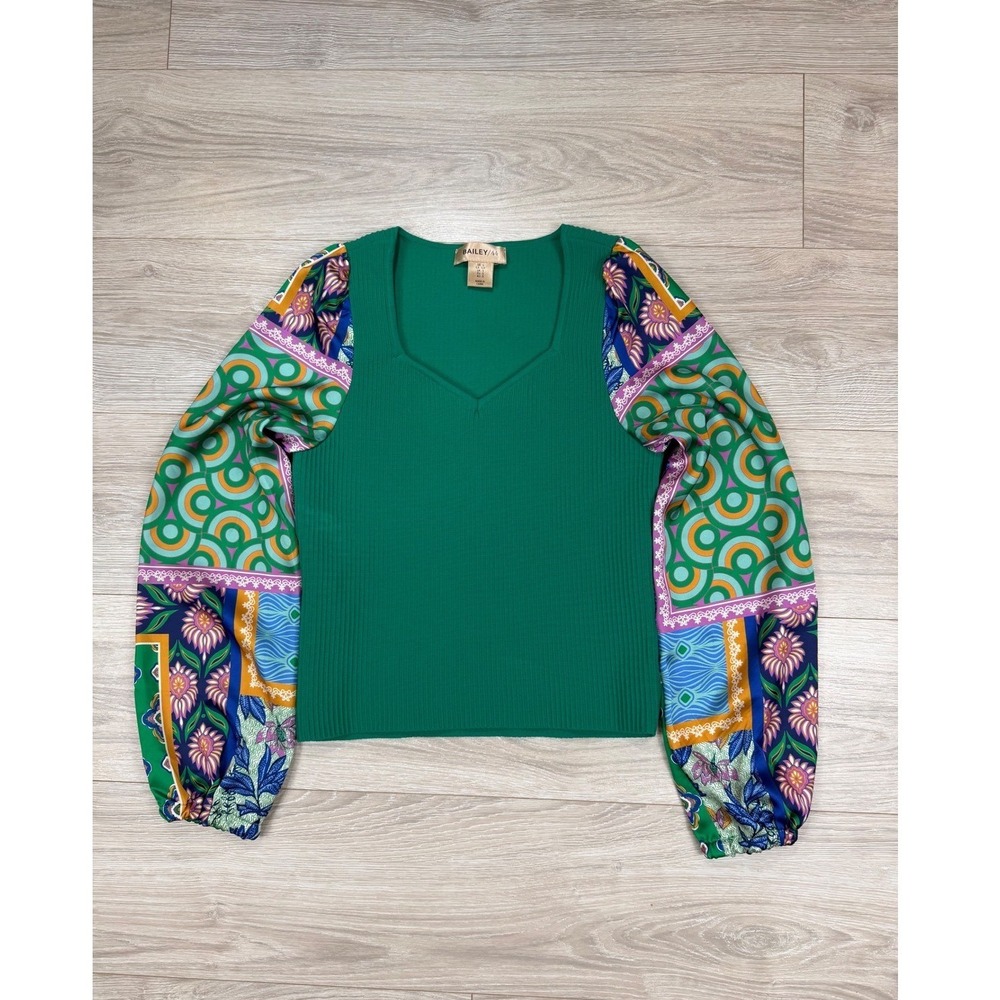 Bailey 44 Green Ribbed Knit Top Multi‎ Pattern Balloon Sleeve V-Neck Small